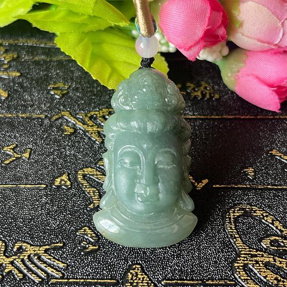 天然翡翠油青观音头像吊坠